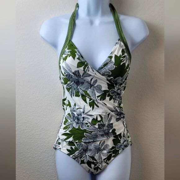 LIZ CLAIBORNE Green and White Floral Swimsuit - Picture 1 of 9